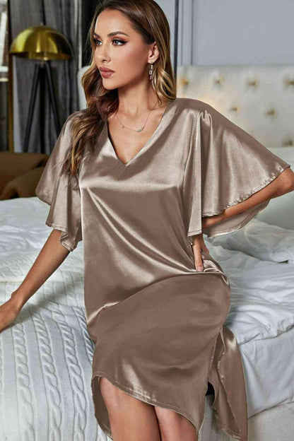 Satin Flutter Sleeve Side Slit V-Neck Night Dress