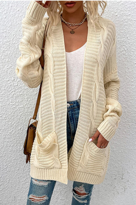 Cable-Knit Open Front Cardigan with Pockets