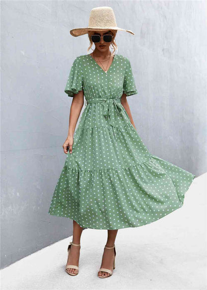 Printed V-Neck Flutter Sleeve Belted Dress - Create the impossible