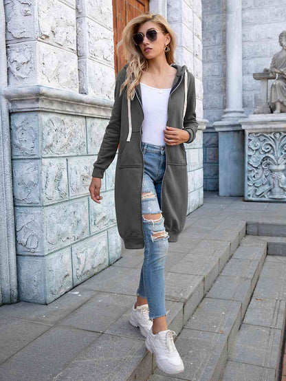 Zip-Up Longline Hoodie with Pockets - Create the impossible