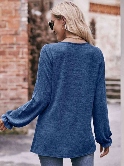 Double Take Long Flounce Sleeve Round Neck Blouse