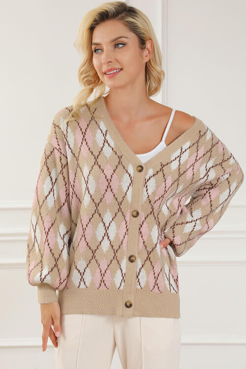 Button Up Geometric Dropped Shoulder Cardigan