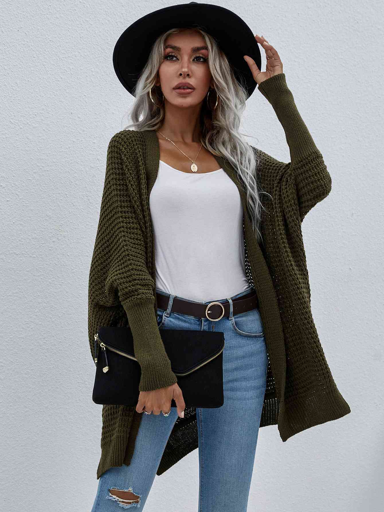 Waffle Knit Open Front Cardigan