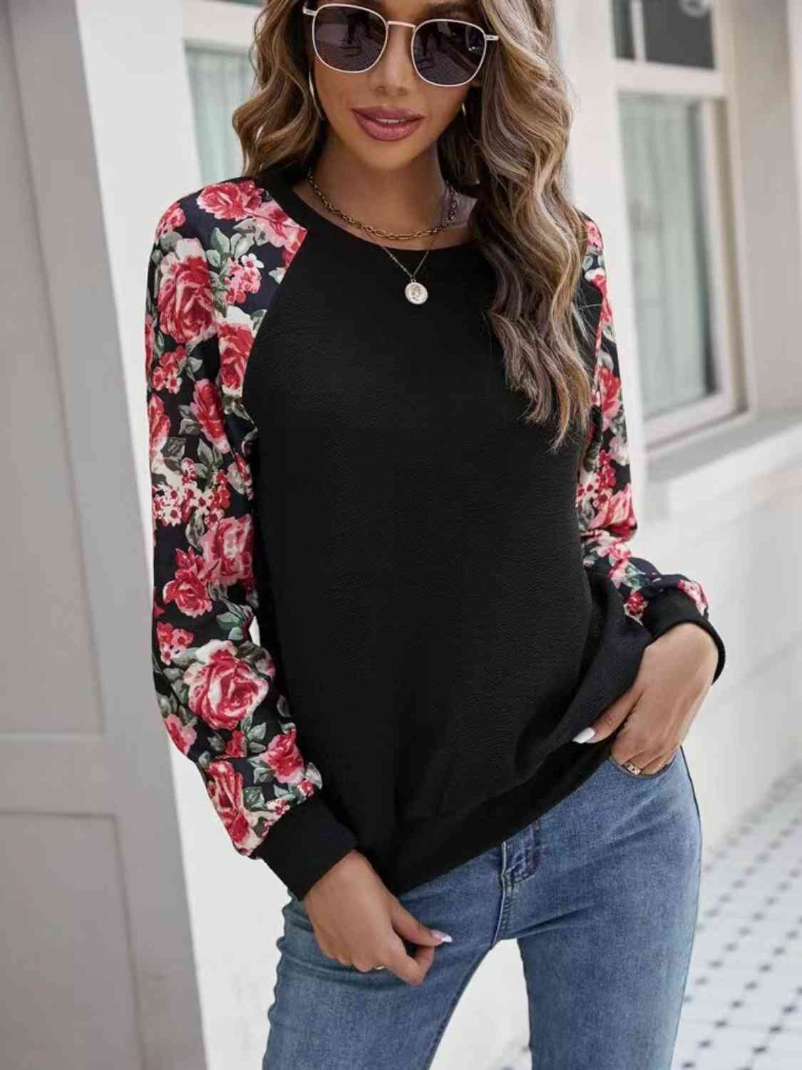 Floral Raglan Sleeve Round Neck Sweatshirt