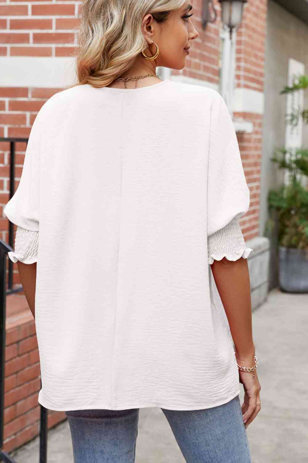 Round Neck Smocked Lantern Sleeve Blouse - Create the impossible