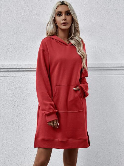 Slit Long Sleeve Hooded Dress with Pocket