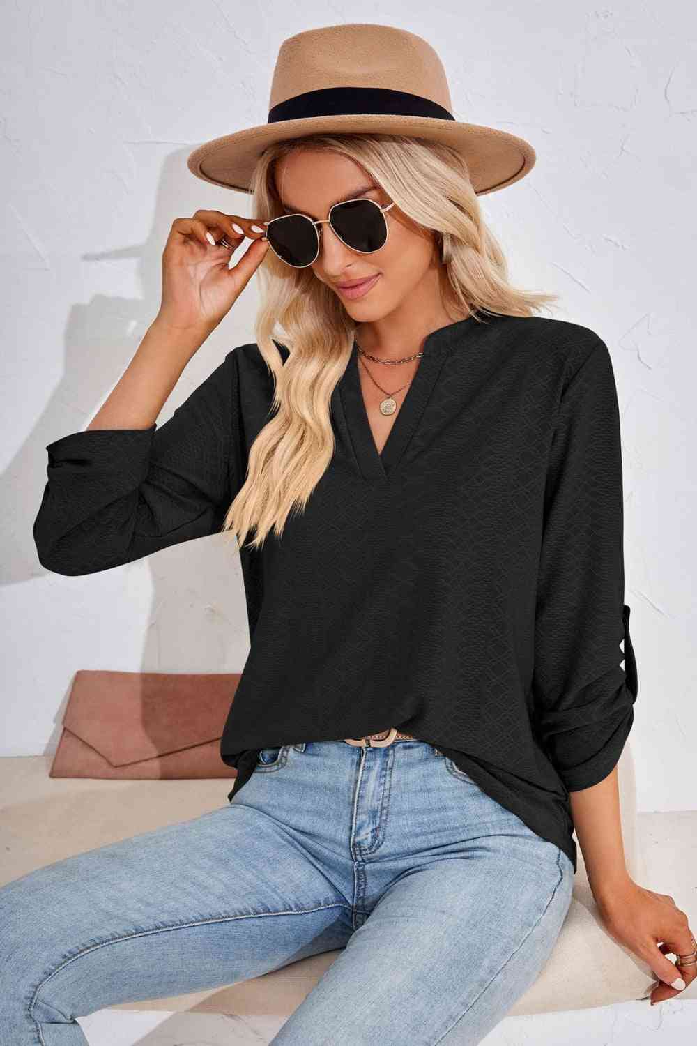 V-Neck Roll-Tap Sleeve Blouse - Create the impossible