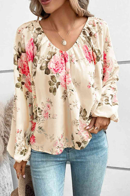 Floral V-Neck Balloon Sleeve Blouse - Create the impossible