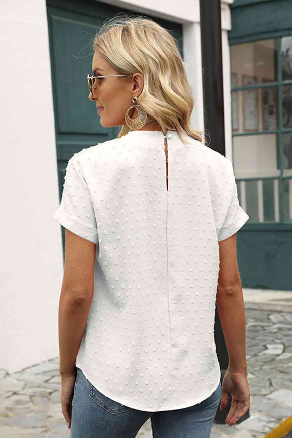 Swiss Dot Round Neck Short Sleeve Blouse - Create the impossible