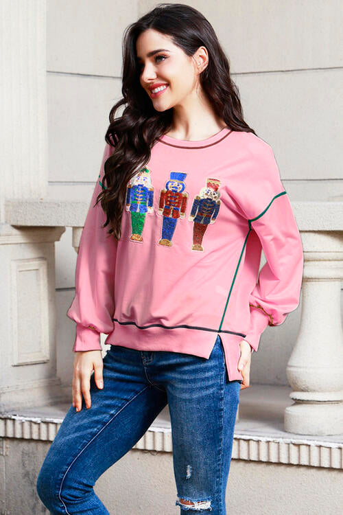 Sequin Nutcracker Round Neck Slit Sweatshirt