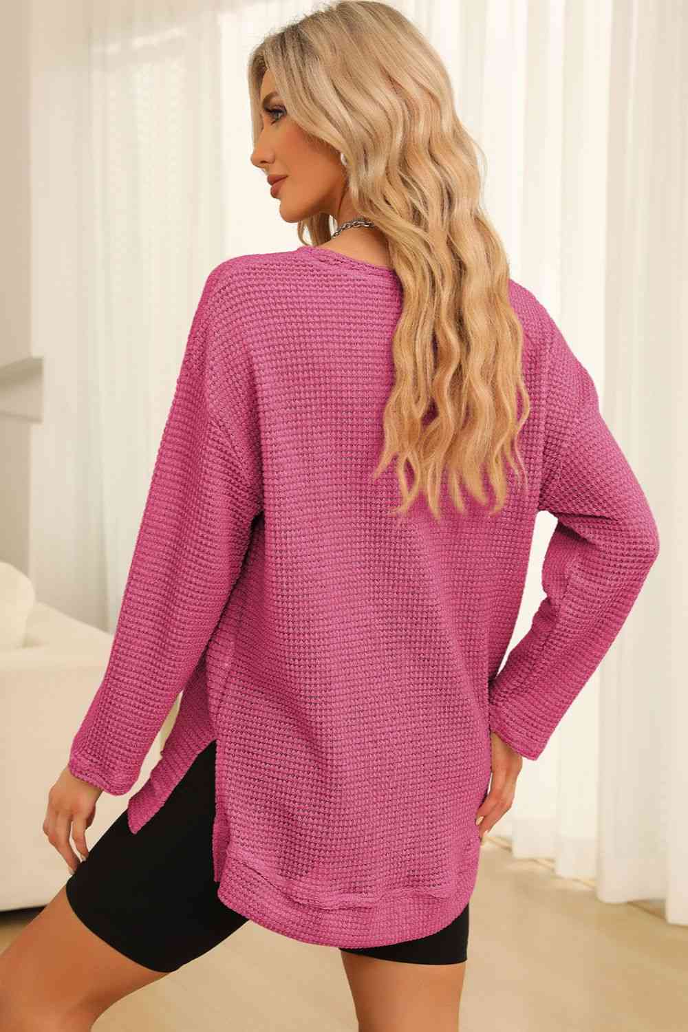 Waffle-Knit Round Neck Long Sleeve Sweatshirt - Create the impossible