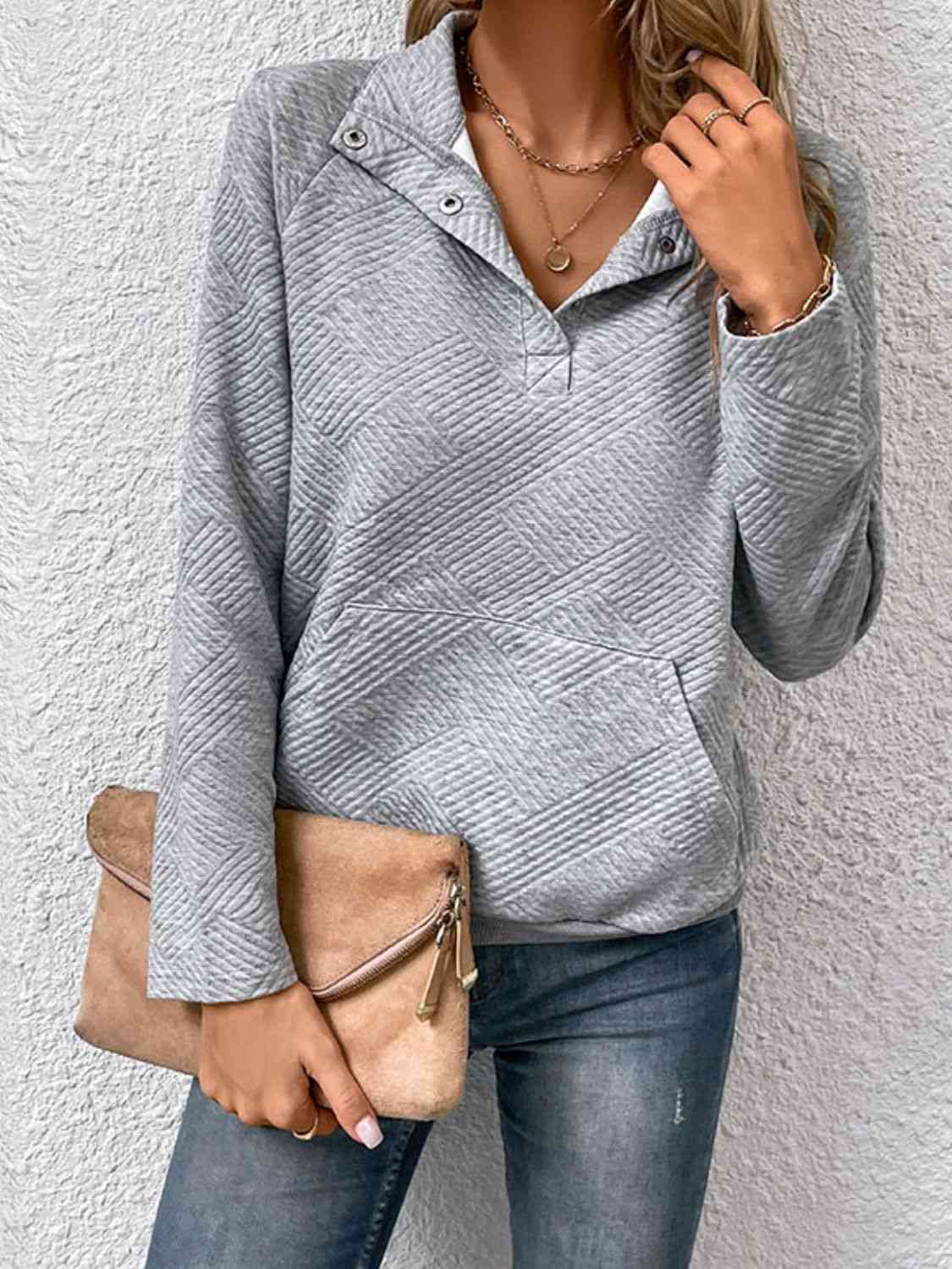 Half Buttoned Collared Neck Sweatshirt with Pocket - Create the impossible