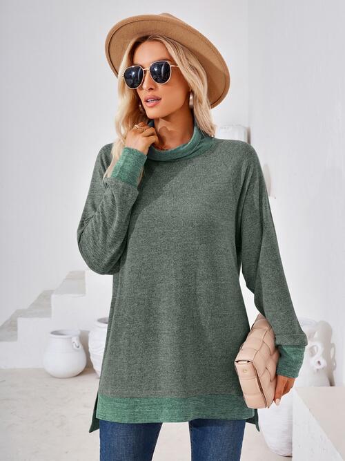 Contrast Mock Neck Long Sleeve T-Shirt