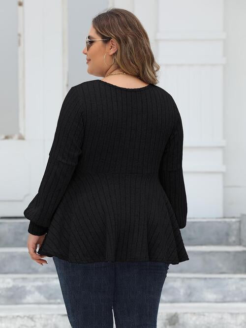 Plus Size Ribbed V-Neck Long Sleeve Blouse - Create the impossible