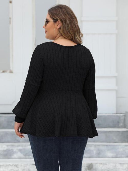 Plus Size Ribbed V-Neck Long Sleeve Blouse - Create the impossible