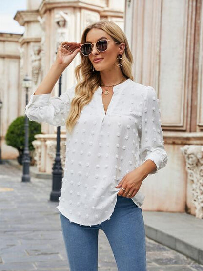 Swiss Dot Notched Neck Blouse