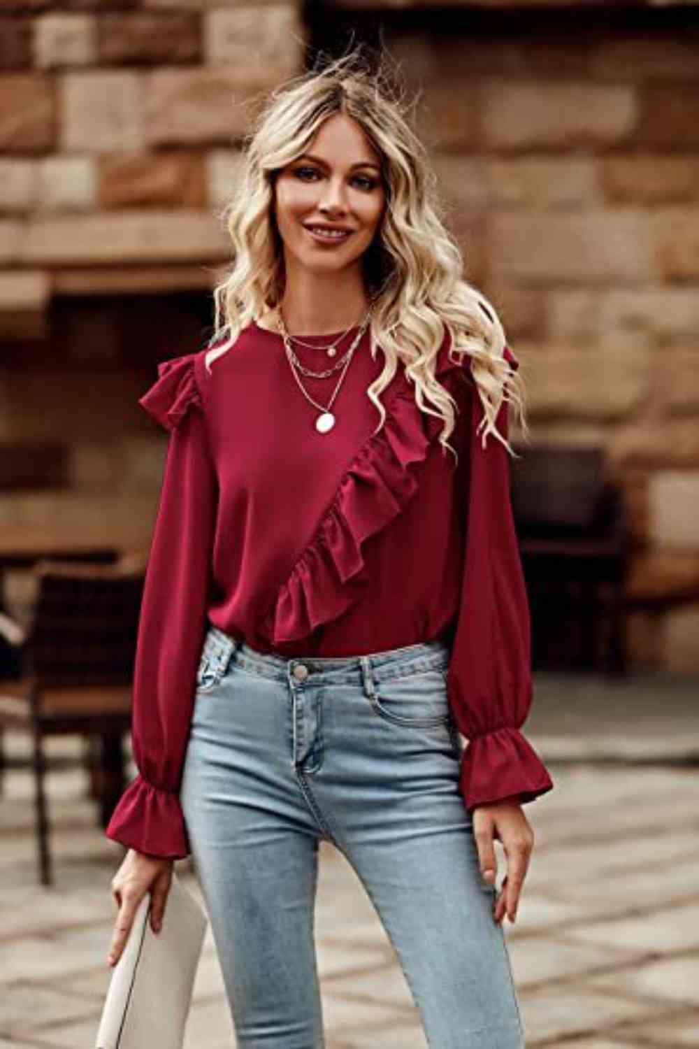 Ruffled Round Neck Long Sleeve Top - Create the impossible