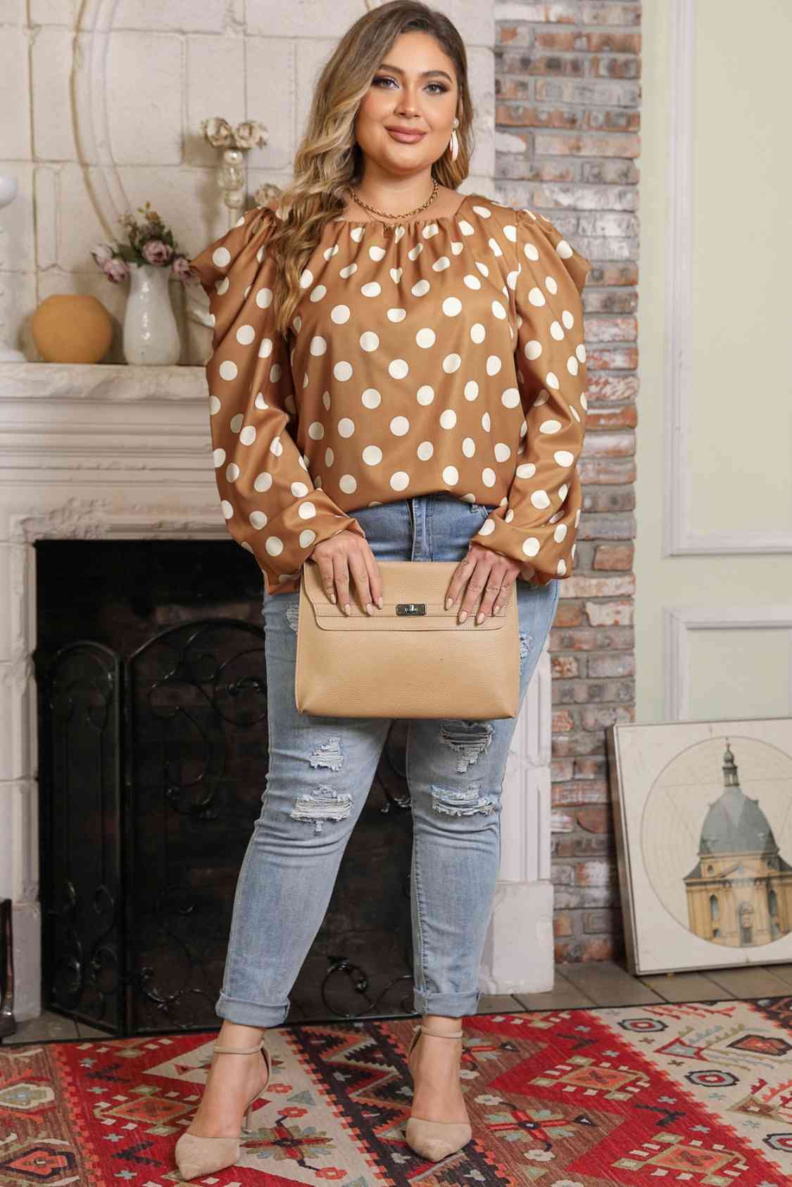 Plus Size Polka Dot Long Sleeve Blouse - Create the impossible