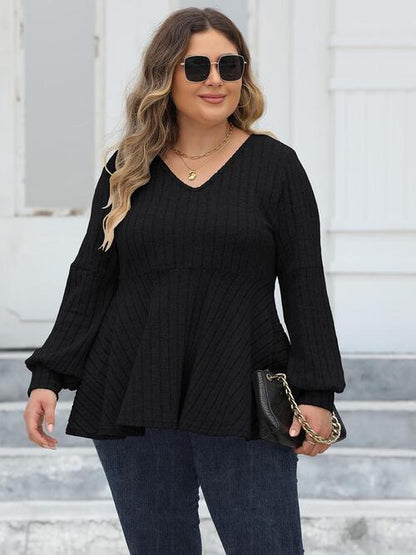 Plus Size Ribbed V-Neck Long Sleeve Blouse - Create the impossible