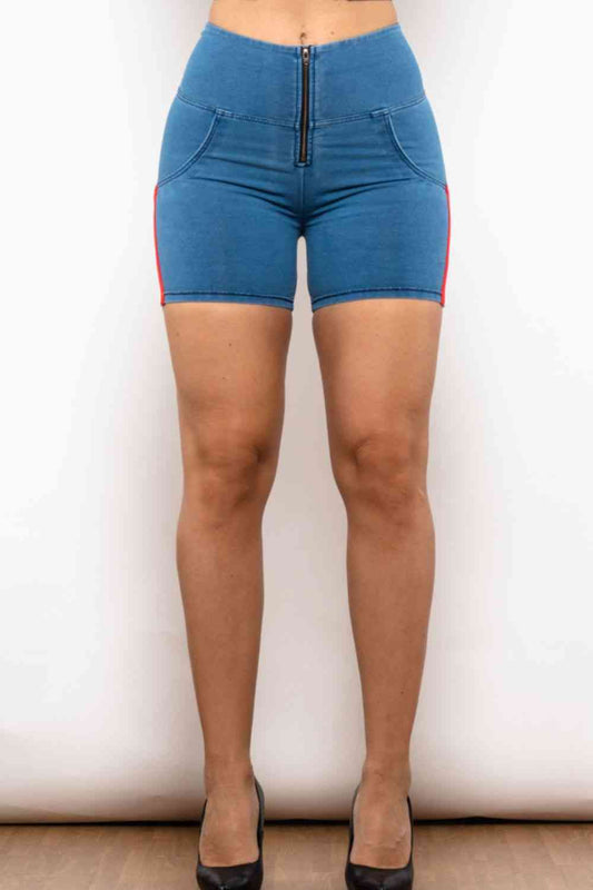 Full Size Side Stripe Zip Closure Denim Shorts