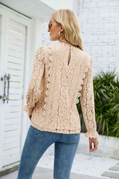 V-Neck Flounce Sleeve Lace Top