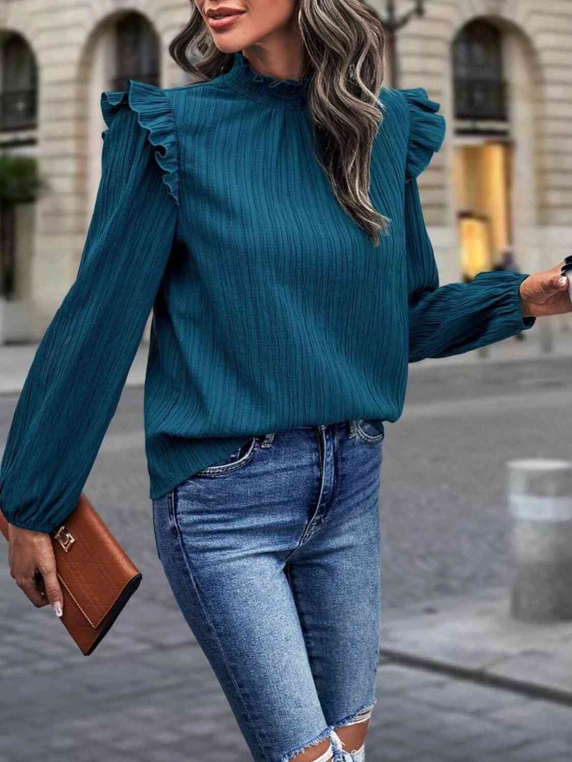 Mock Neck Ruffle Shoulder Blouse - Create the impossible