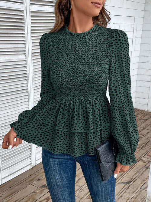 Printed Round Neck Smocked Flounce Sleeve T-Shirt - Create the impossible