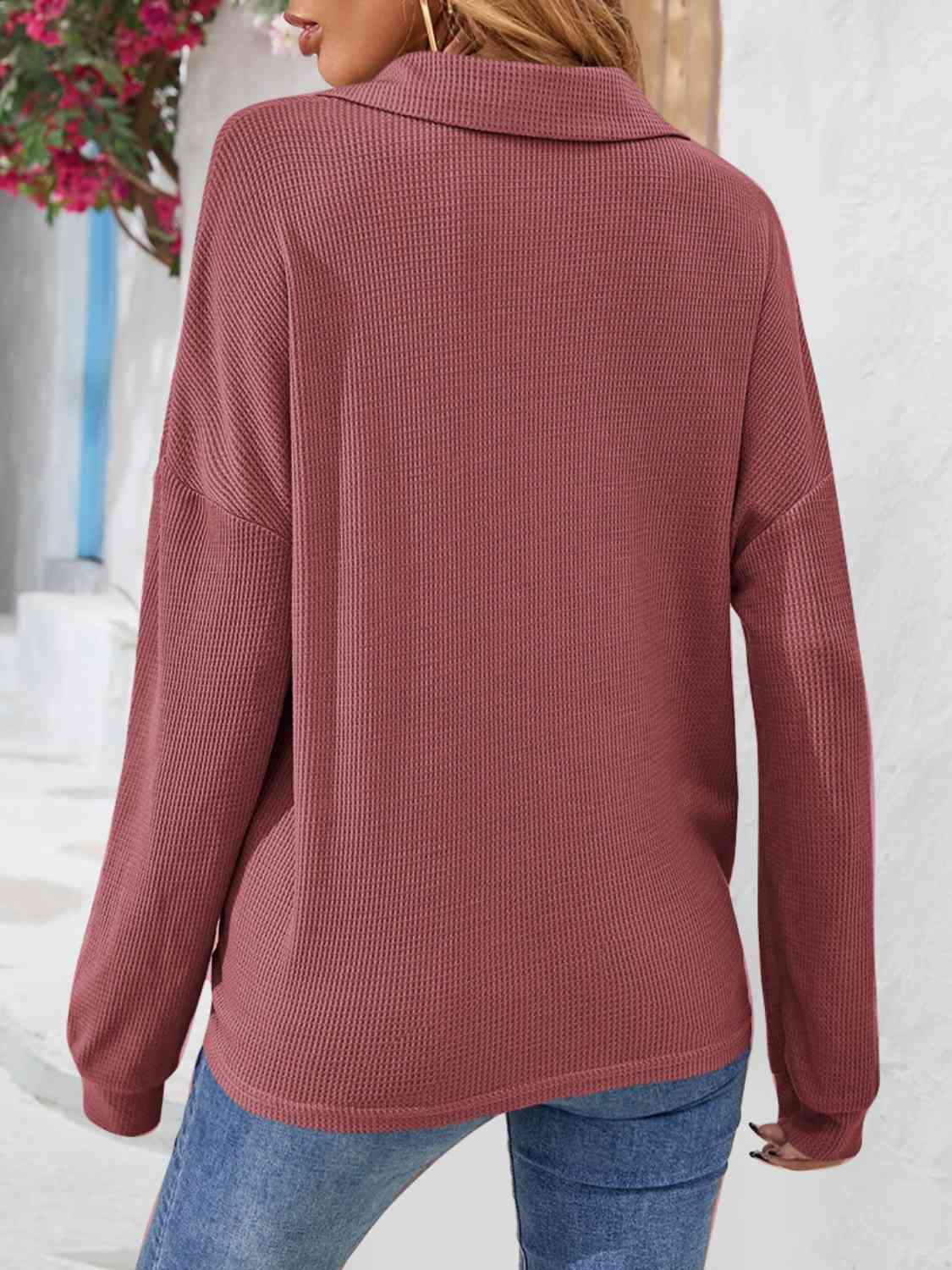 Half Button Collared Neck Long Sleeve Top