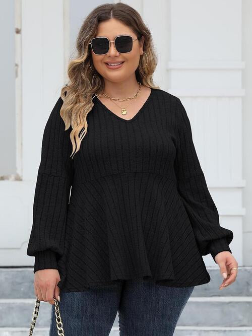 Plus Size Ribbed V-Neck Long Sleeve Blouse - Create the impossible