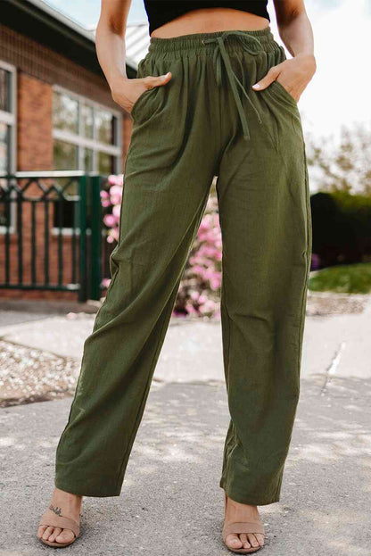 Drawstring Elastic Waist Pants with Pockets