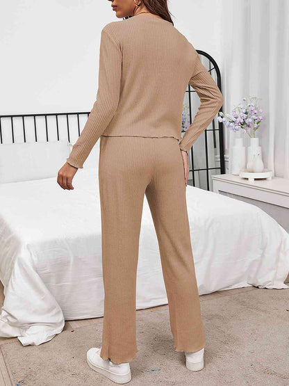 Round Neck Long Sleeve Top and Drawstring Pants Lounge Set