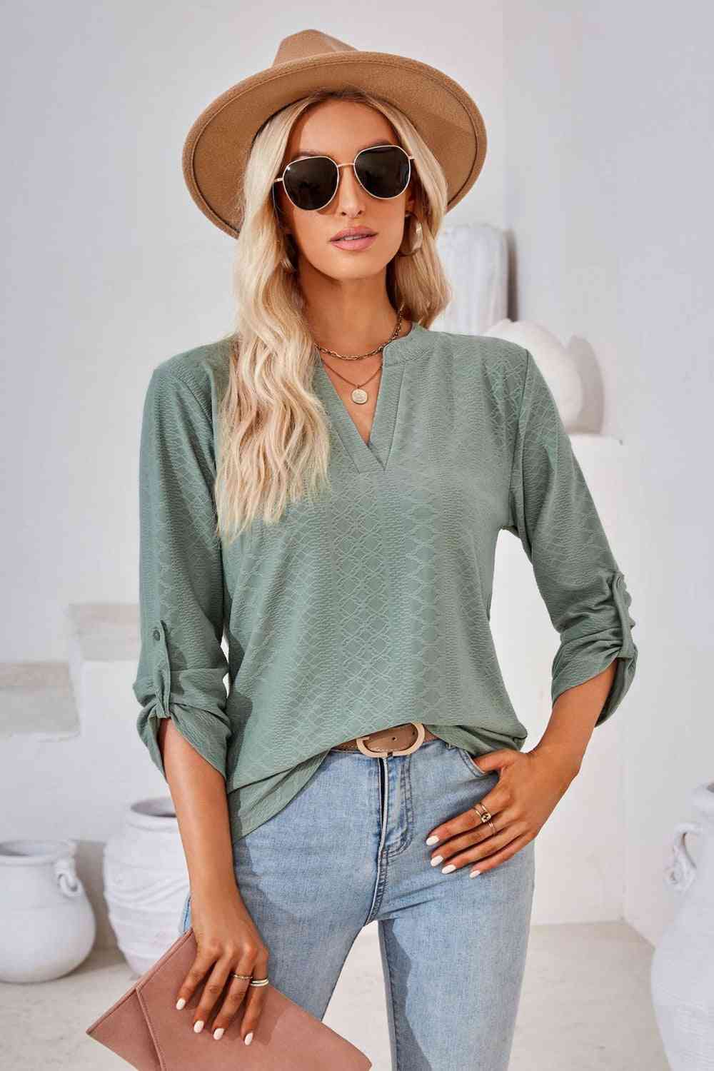 V-Neck Roll-Tap Sleeve Blouse - Create the impossible