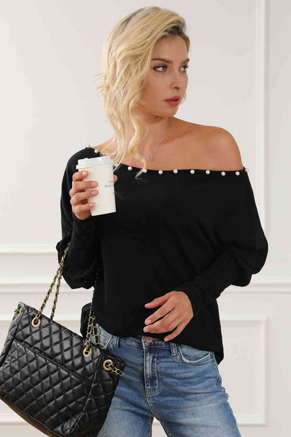 Pearl Trim Lantern Sleeve Top