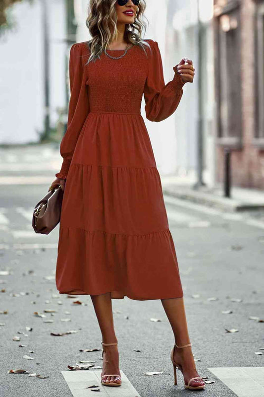 Smocked Long Puff Sleeve Tiered Midi Dress