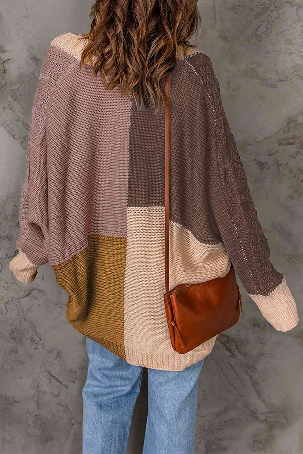 Woven Right Color Block Cable-Knit Batwing Sleeve Cardigan