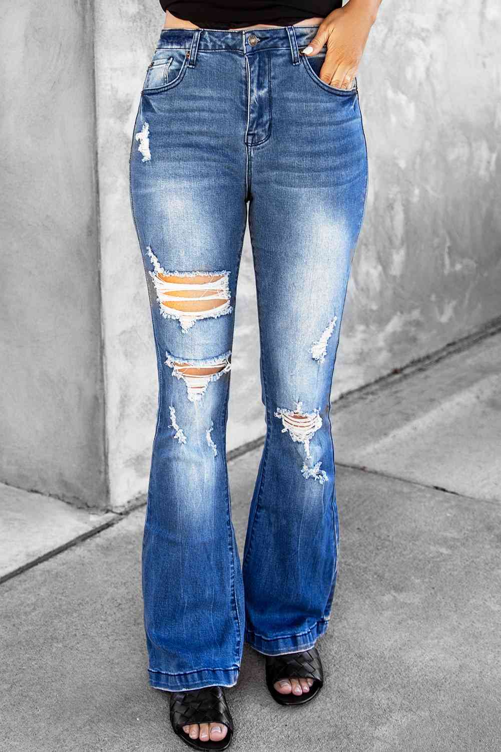 Baeful Distressed Flare Leg Jeans with Pockets