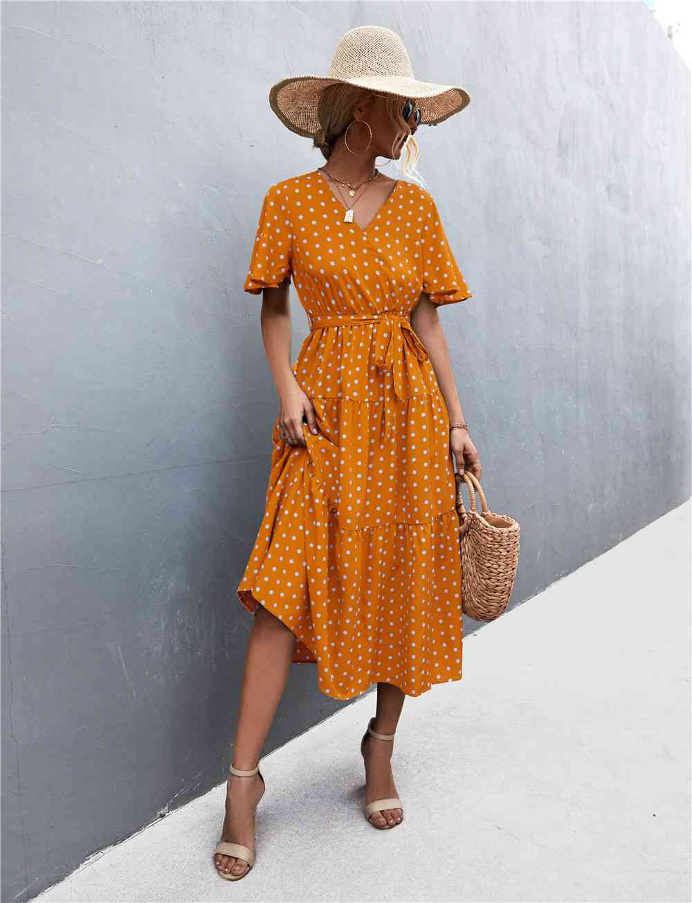 Printed V-Neck Flutter Sleeve Belted Dress - Create the impossible