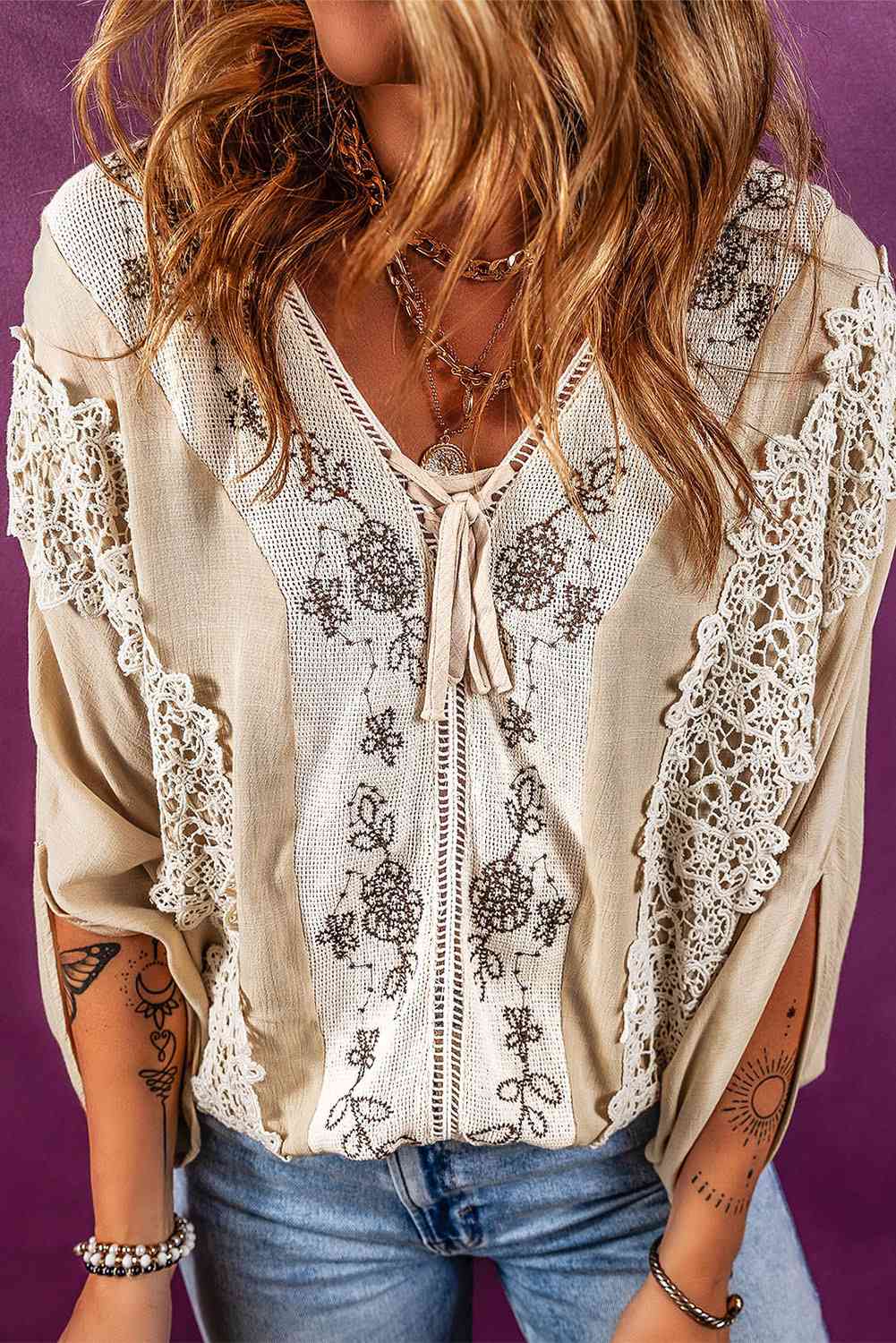 V-Neck Lace Detail Slit Blouse - Create the impossible