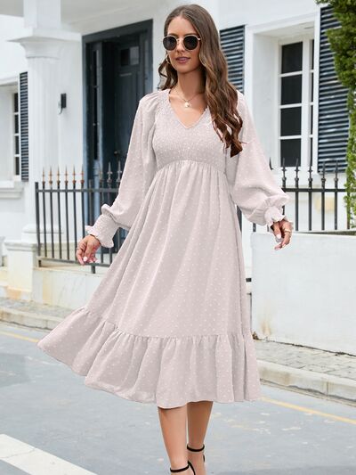 Swiss Dot V-Neck Smocked Lantern Sleeve Ruffle Hem Dress