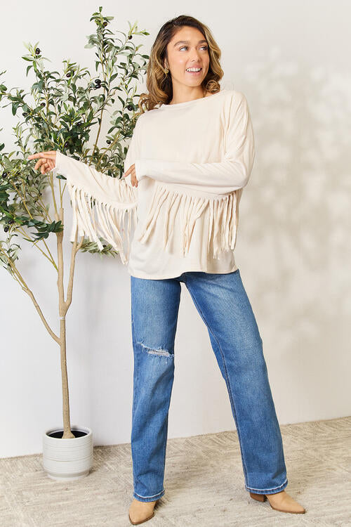 Celeste Full Size Fringe Detail Long Sleeve Blouse - Create the impossible