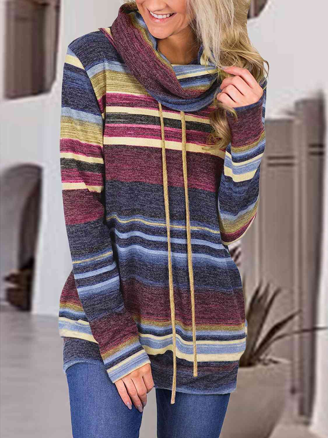 Striped Drawstring Cowl Neck Sweatshirt