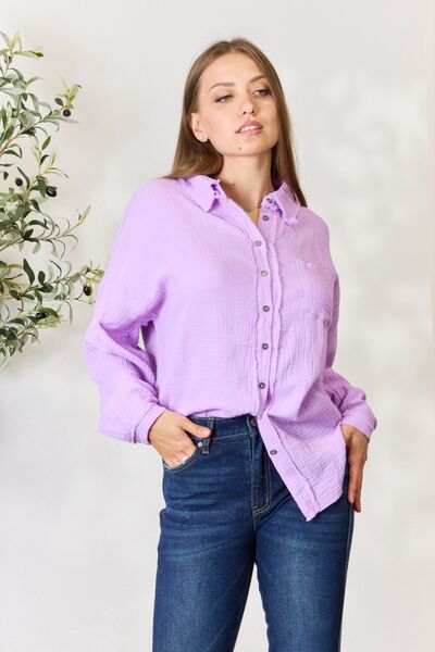 Zenana Full Size Texture Button Up Raw Hem Long Sleeve Shirt - Create the impossible