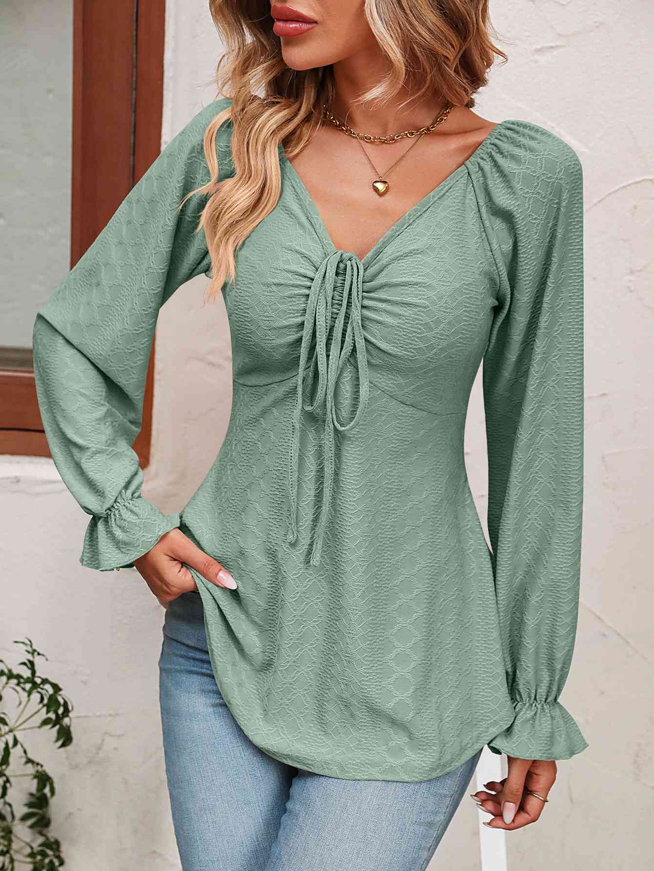 Tie Front V-Neck Puff Sleeve Blouse - Create the impossible