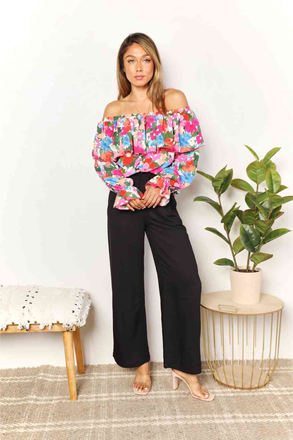 Double Take Floral Off-Shoulder Flounce Sleeve Layered Blouse - Create the impossible