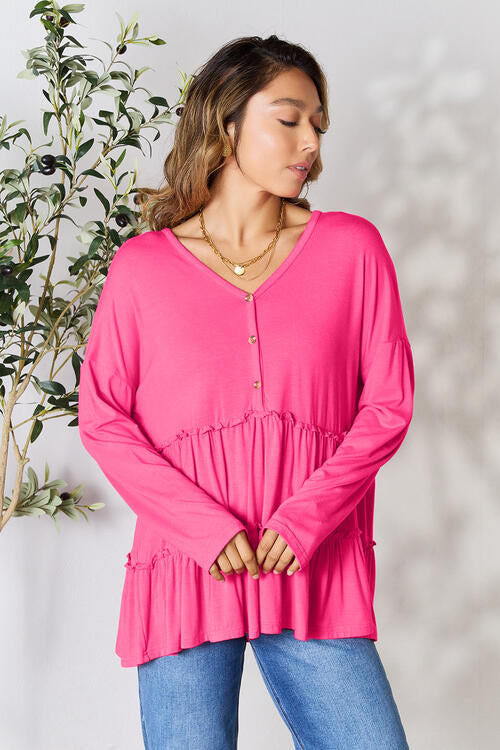 Double Take Half Button Long Sleeve Ruffle Hem Blouse - Create the impossible