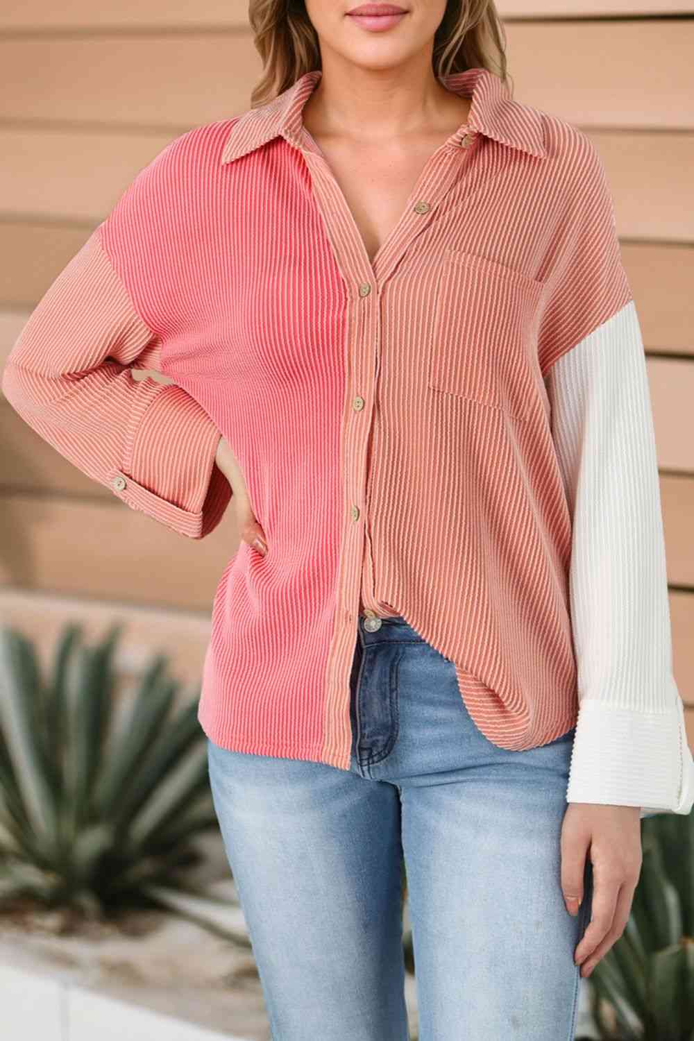 Colorblock Drop Shoulder Shirt with Pocket