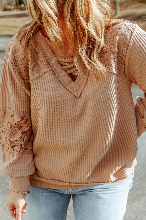 Plus Size Waffle -Knit V-Neck Long Sleeve Blouse - Create the impossible