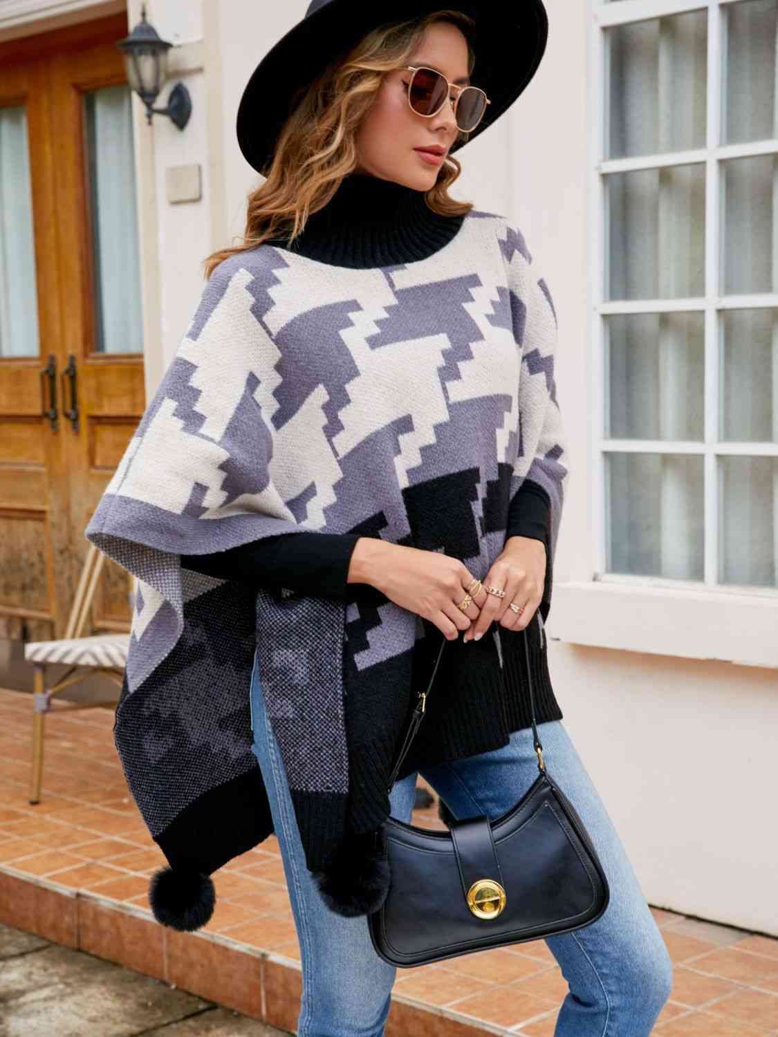 Turtleneck Pom-Pom Trim Poncho