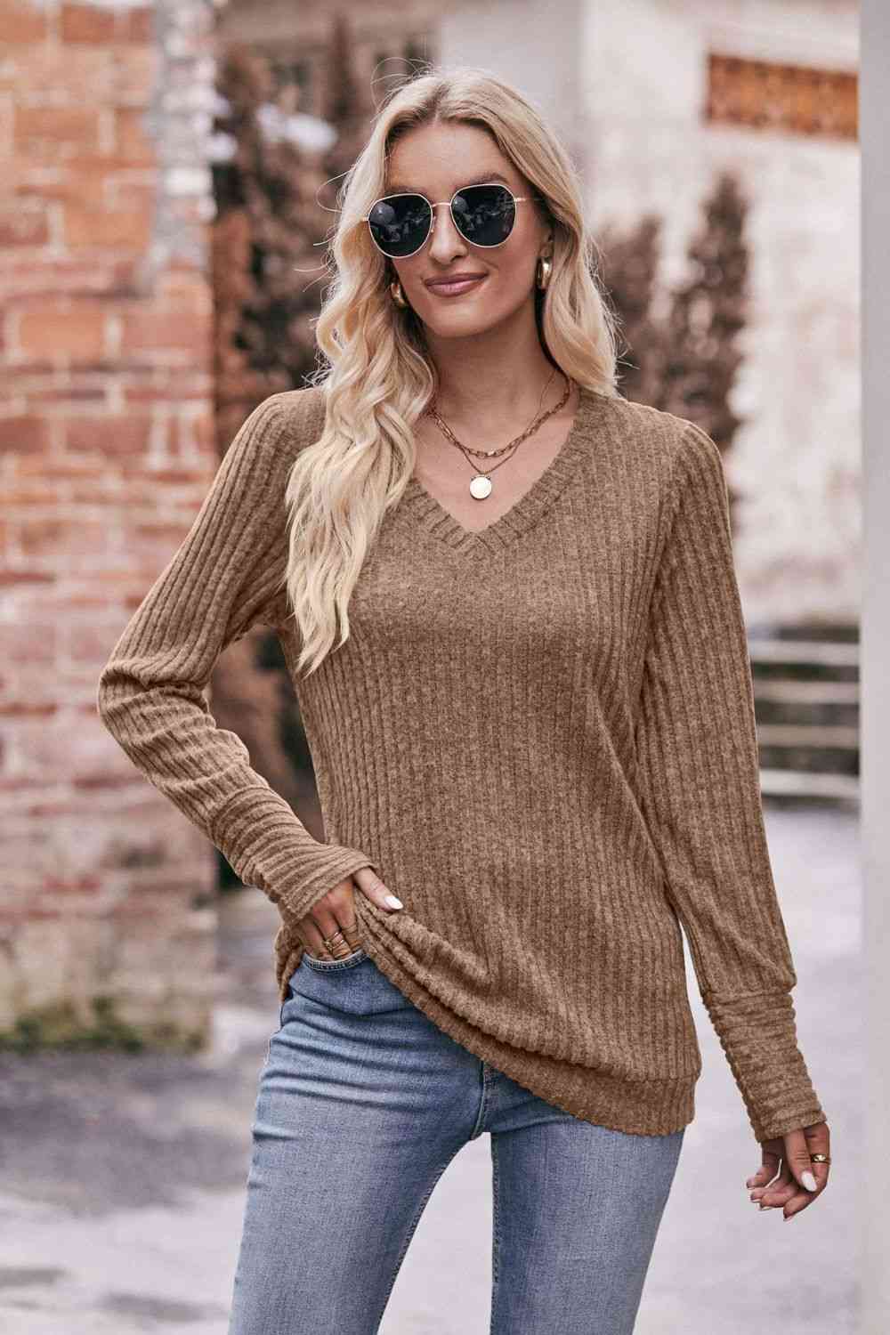 Double Take V-Neck Long Sleeve Ribbed Top - Create the impossible