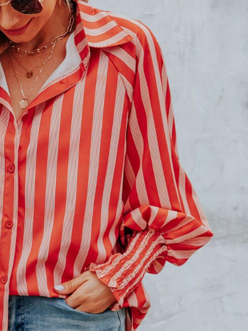 Striped Collared Neck Lantern Sleeve Shirt